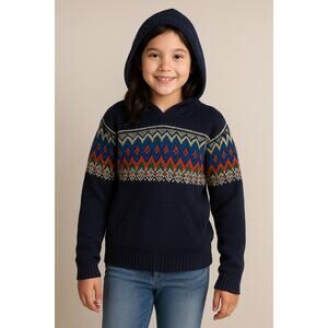 Old Navy Fair Isle Knit Hoodie Sweater Girls XL (14–16) Navy Multicolor Winter